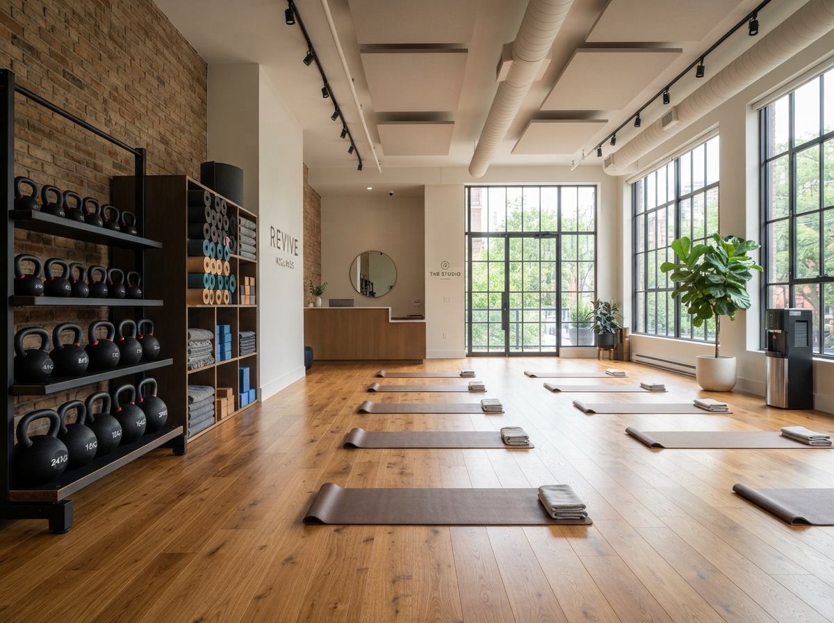 Clean photo of a modern fitness studio interior with organized kettlebells and a wood floor