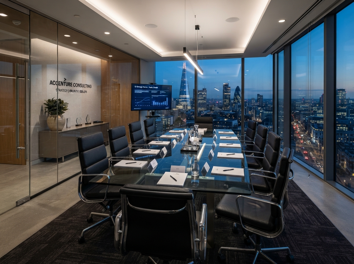 Clean photo of a modern consulting firm conference room with a glass table and neatly arranged chairs