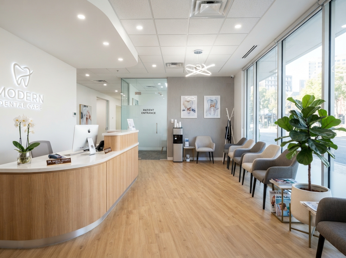 Clean wide photo of a modern dental clinic reception area with a tidy front desk and waiting chairs
