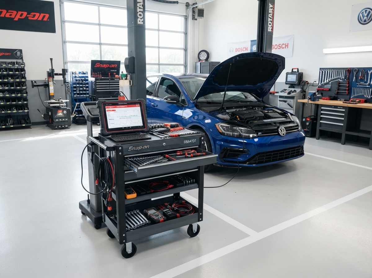 Clean photo of an auto repair diagnostic bay with a rolling tool cart and computer diagnostic screen