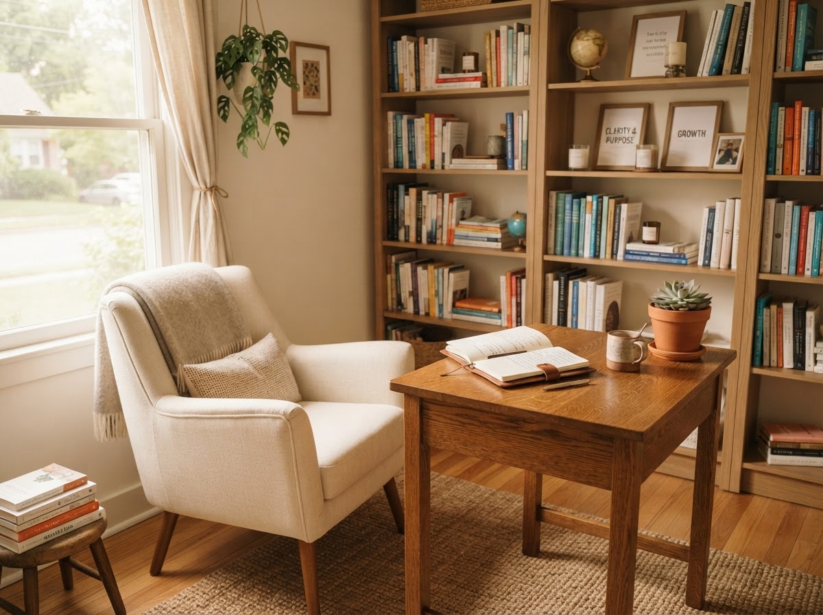 Clean photo of a life coach's home office nook with a neatly arranged bookshelf and armchair