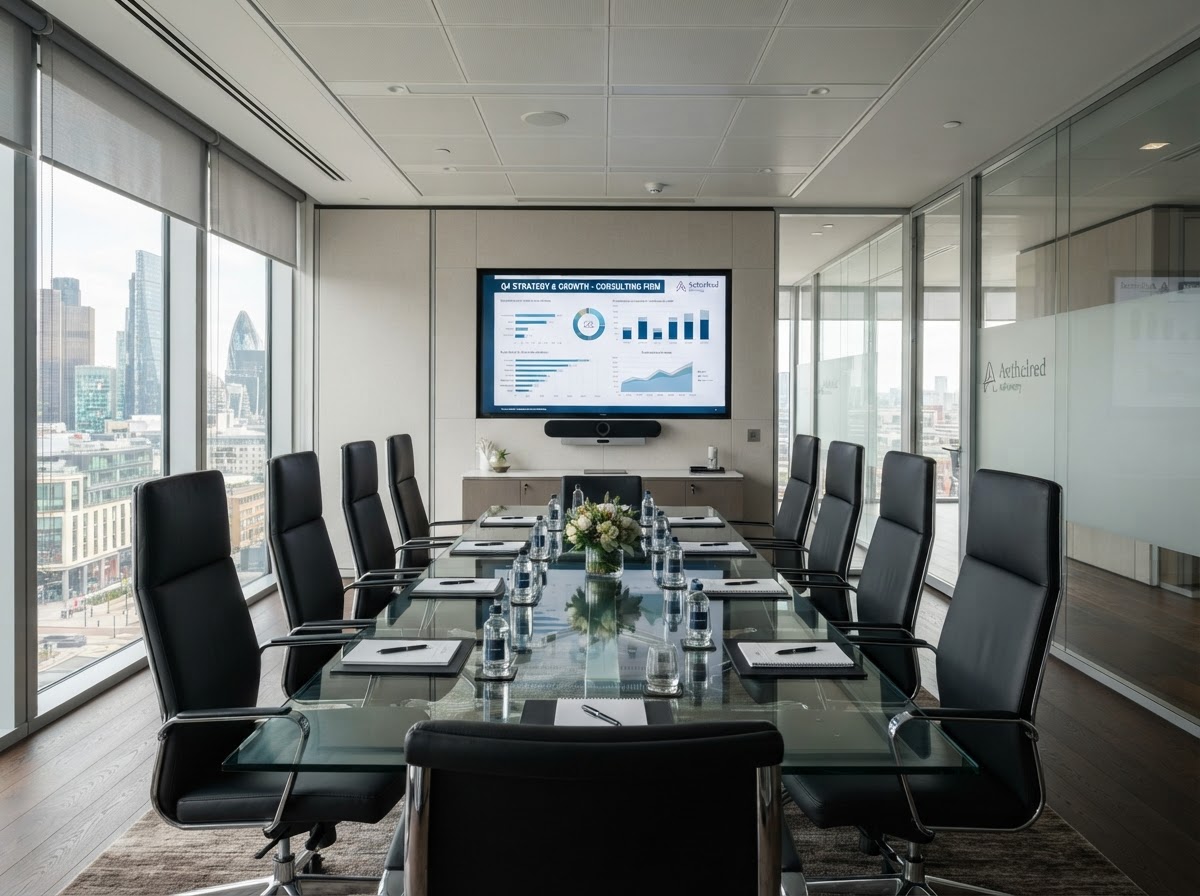 Clean photo of a professional consulting firm meeting room with a glass table and leather chairs
