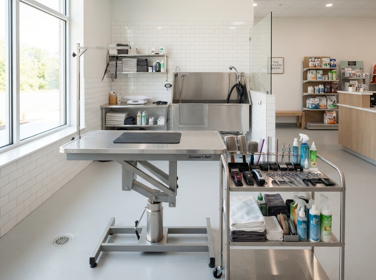 Clean photo of a pet grooming salon with a stainless steel table and organized grooming tools
