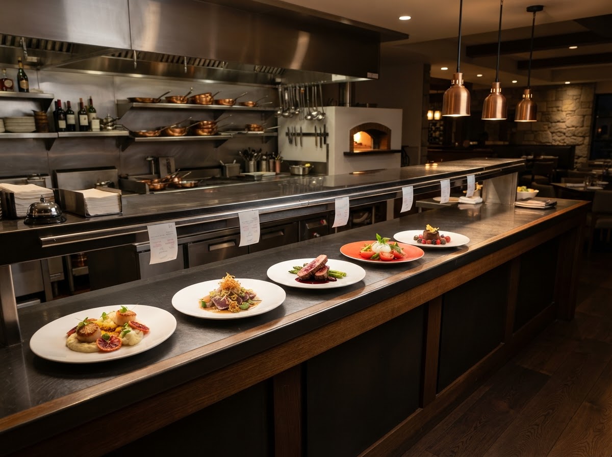 Clean photo of a restaurant open kitchen pass counter with neatly plated dishes