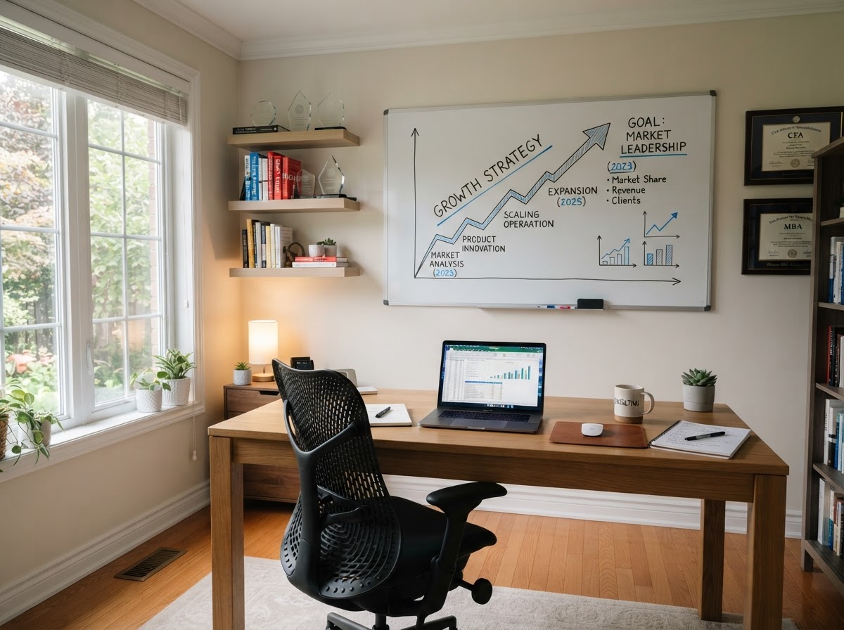 Clean photo of a business consultant's home office with a whiteboard showing a simple growth diagram