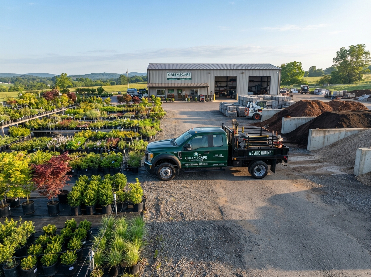 Clean photo of a landscaping business yard with neatly arranged potted plants and a work truck