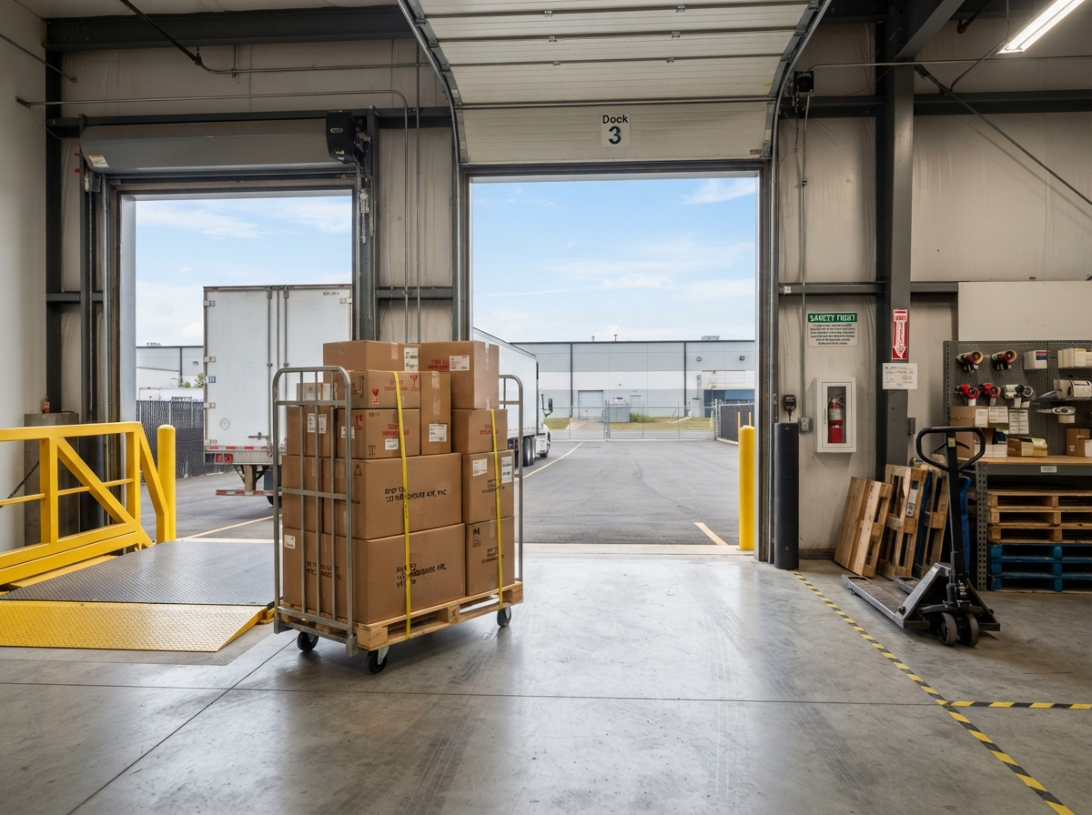 Clean photo of a small warehouse loading dock with neatly stacked shipping boxes