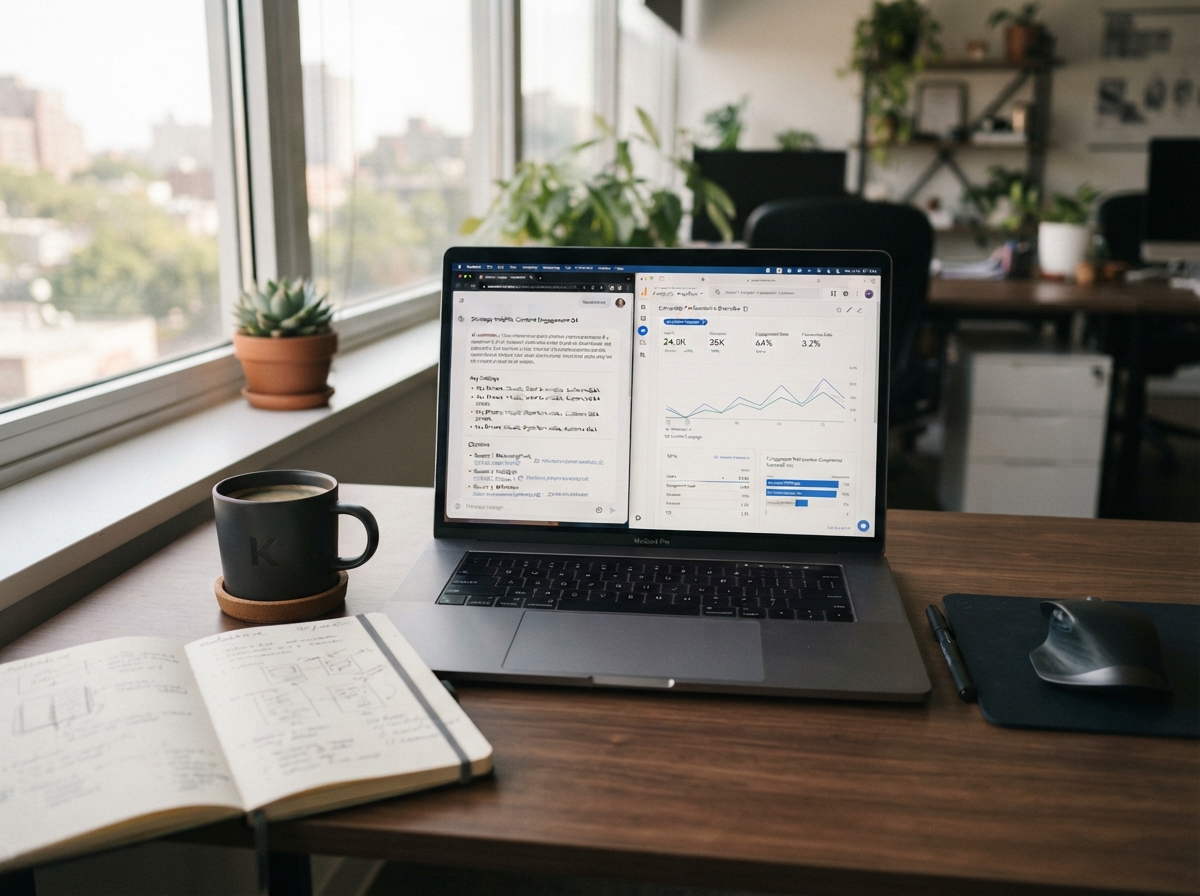 Clean photo of a digital strategist's desk with a laptop showing an AI search answer panel with cited sources and an analytics dashboard