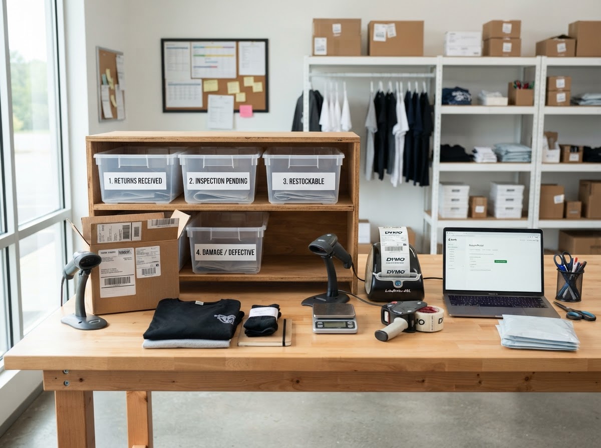 Clean photo of an e-commerce brand's return processing table with labeled bins