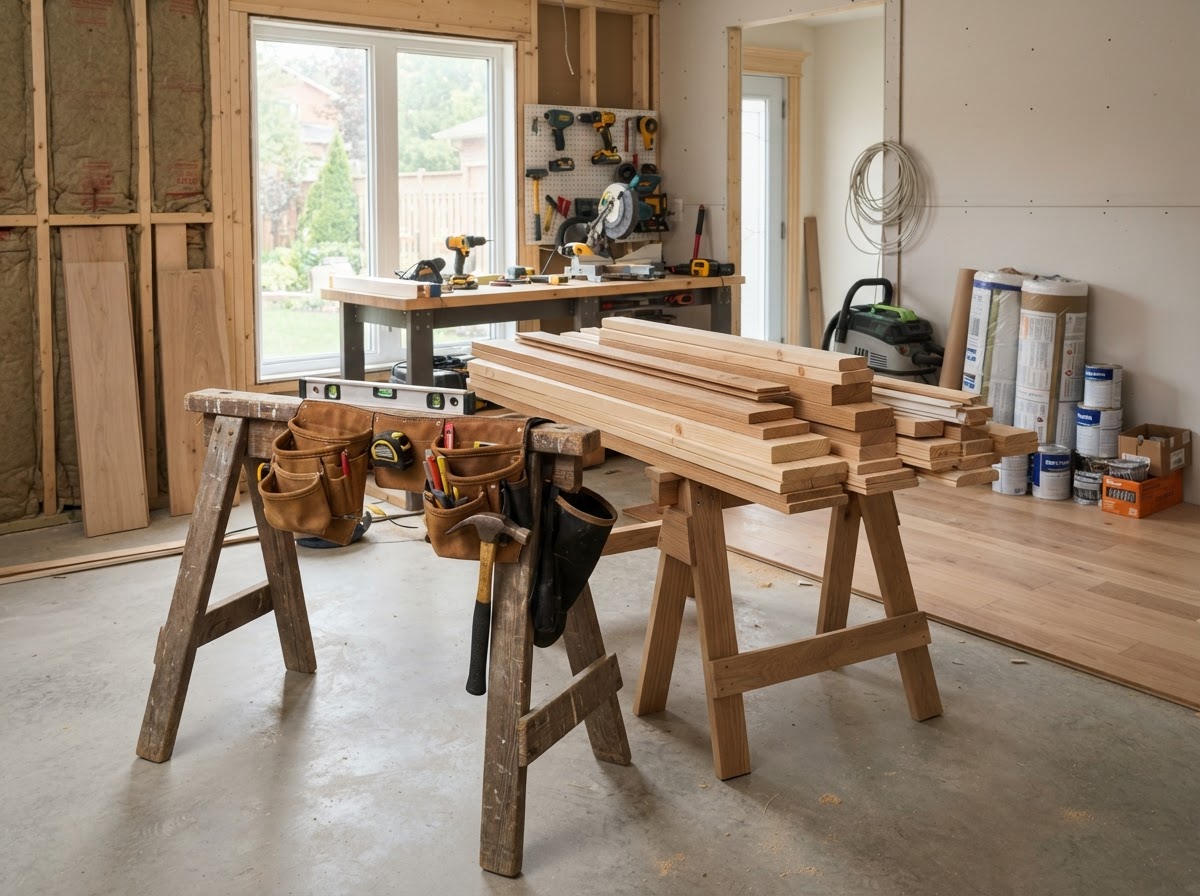 Clean photo of a contractor's home renovation workspace with stacked lumber and a tool belt on a sawhorse