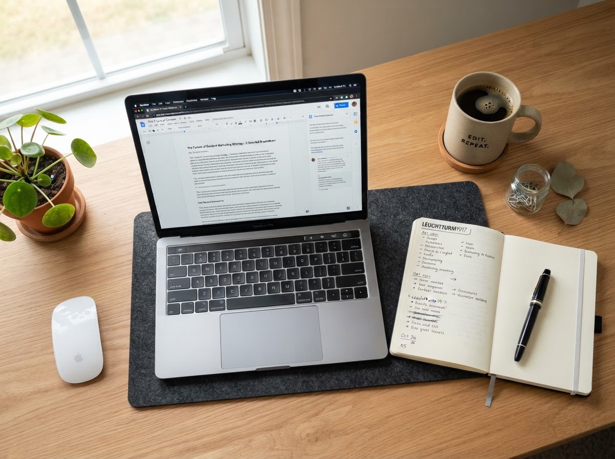 Clean top-down photo of a content editor's desk with a laptop showing a text document and notes