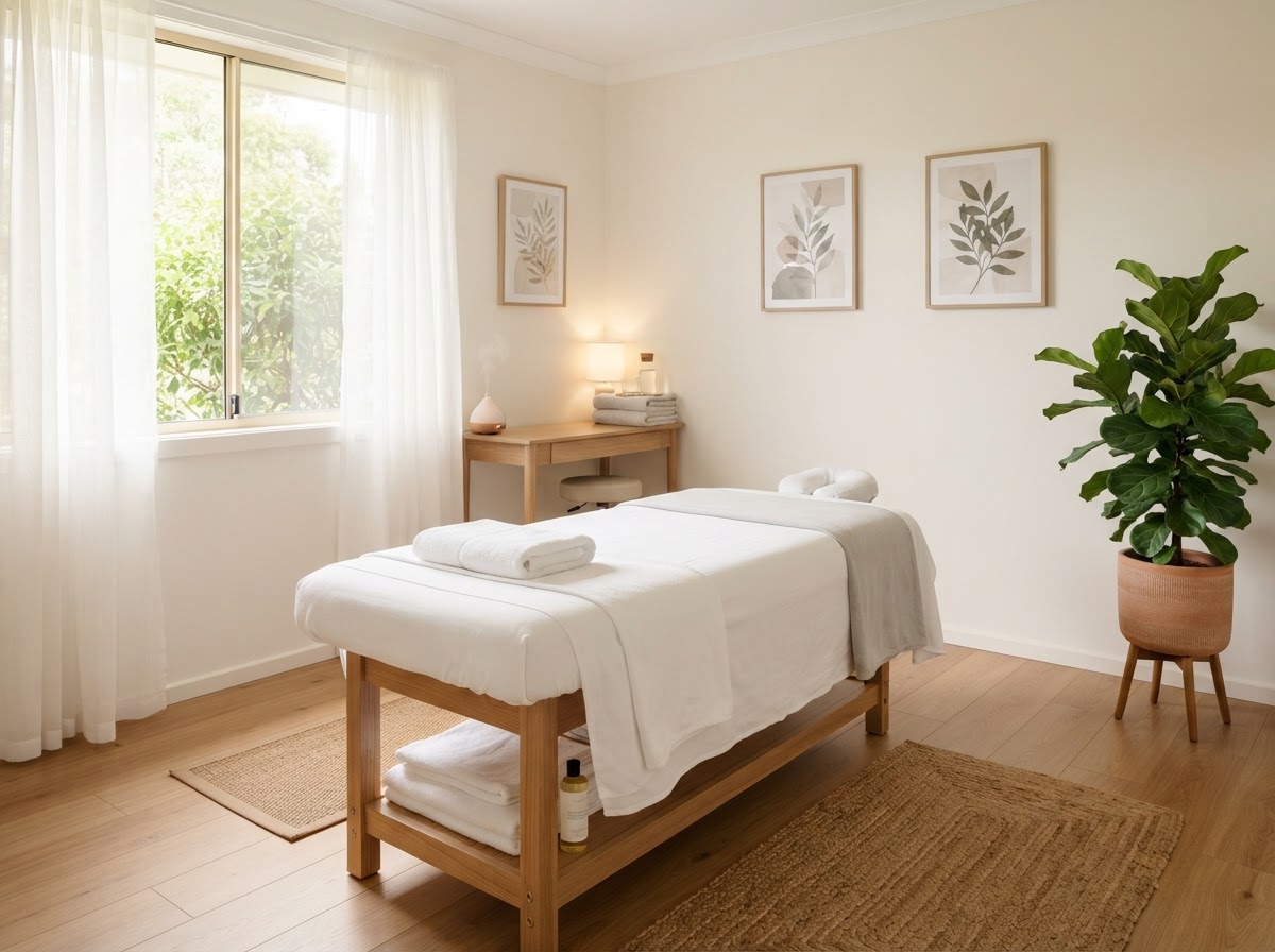 Clean photo of a wellness clinic treatment room with an exam table and fresh linens