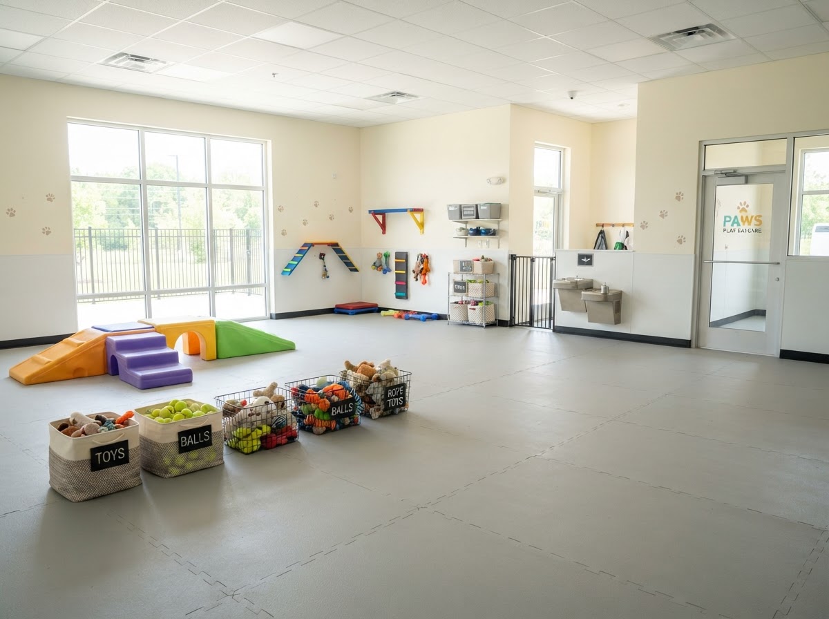 Clean photo of a pet daycare play area with clean floor mats and organized toy baskets