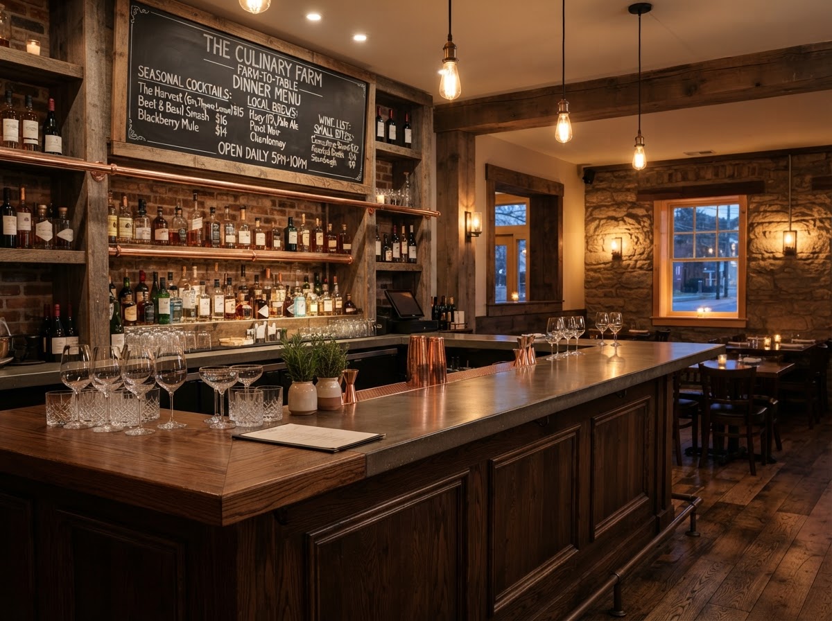 Clean photo of a farm-to-table restaurant bar area with neatly arranged glassware and a chalkboard menu