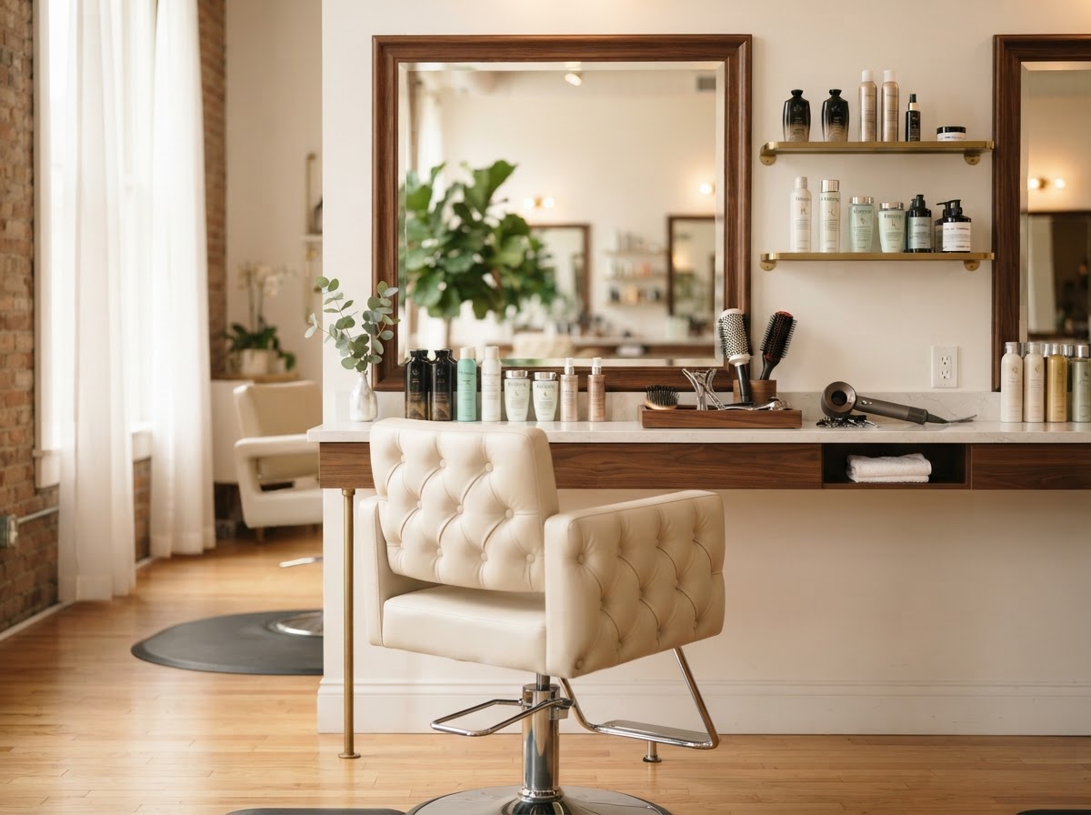 Clean photo of a beauty salon styling chair station with a mirror and organized hair products