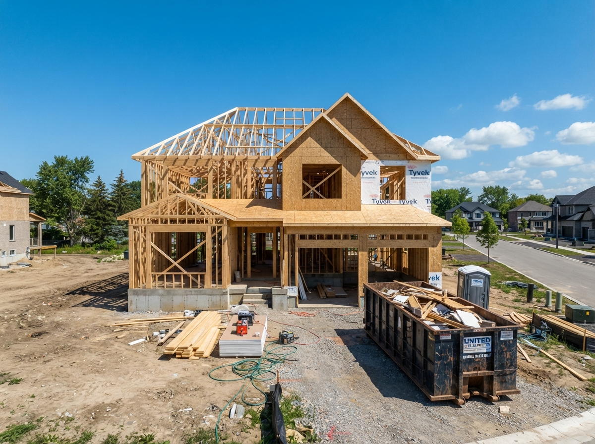 Clean photo of a house under construction with new framing and a dumpster
