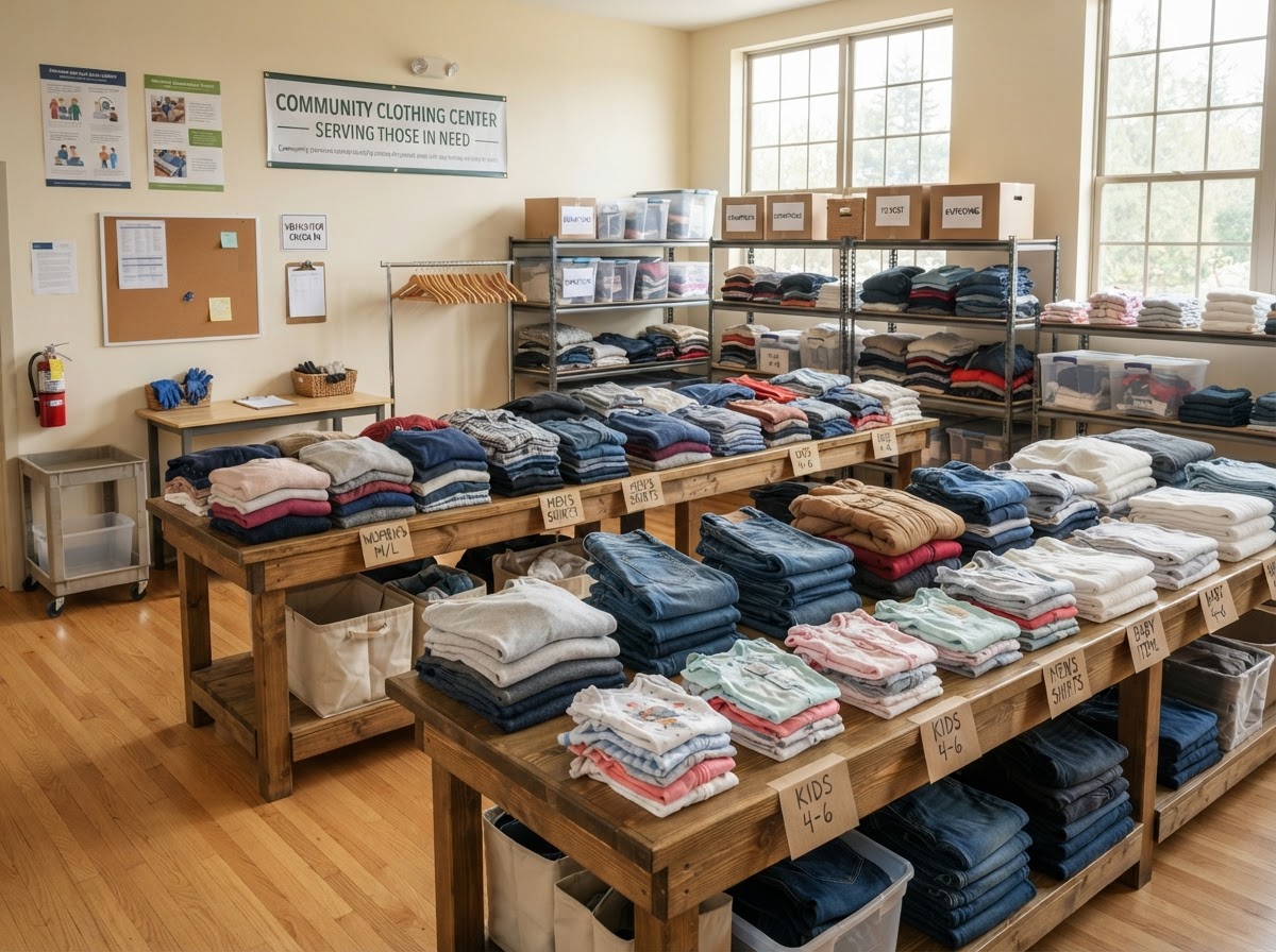 Clean photo of a nonprofit volunteer center with neatly folded donated clothing on tables