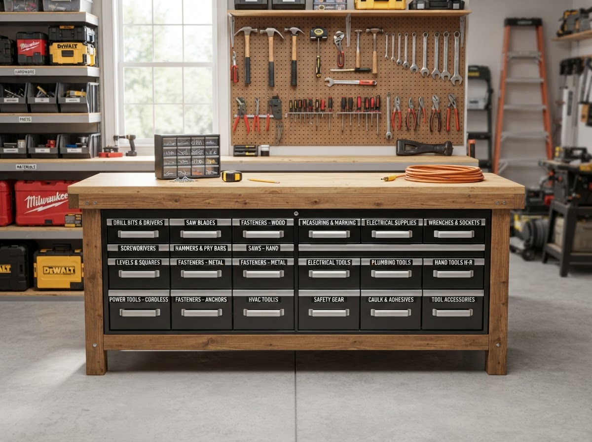Clean photo of a home services contractor's neat workshop bench with labeled tool drawers