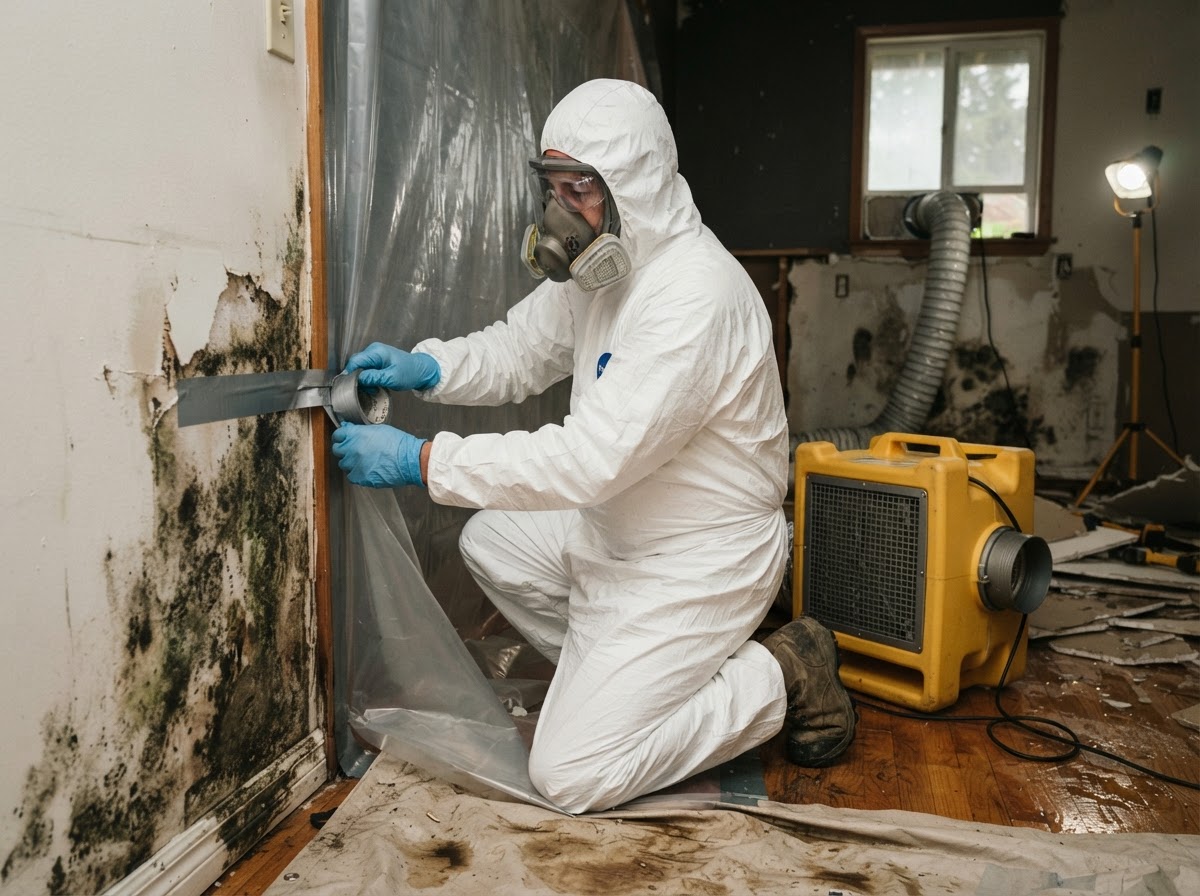 Mold remediation technician in full PPE setting up containment and a HEPA air scrubber