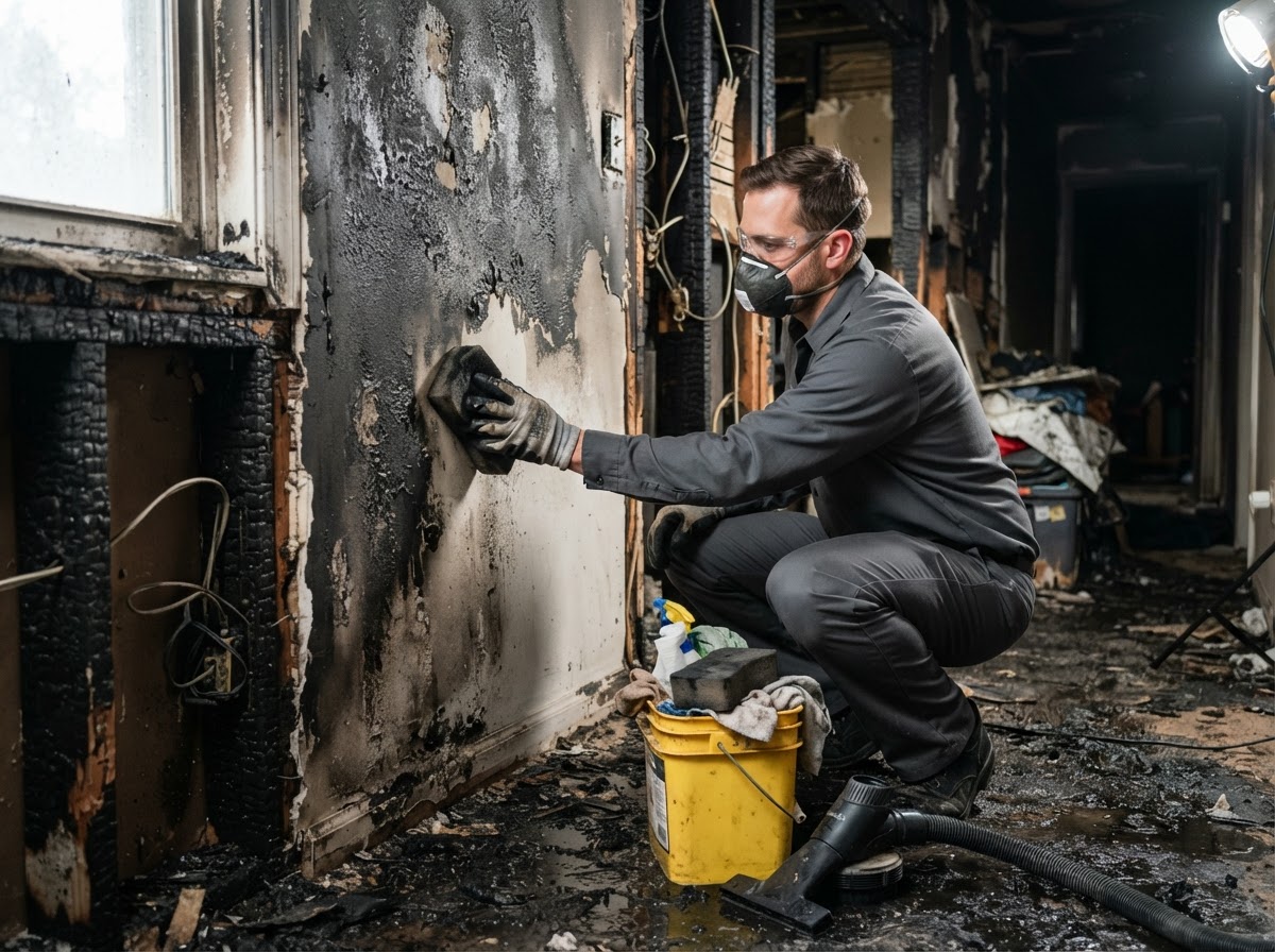 Restoration technician cleaning soot and smoke damage from a charred interior wall