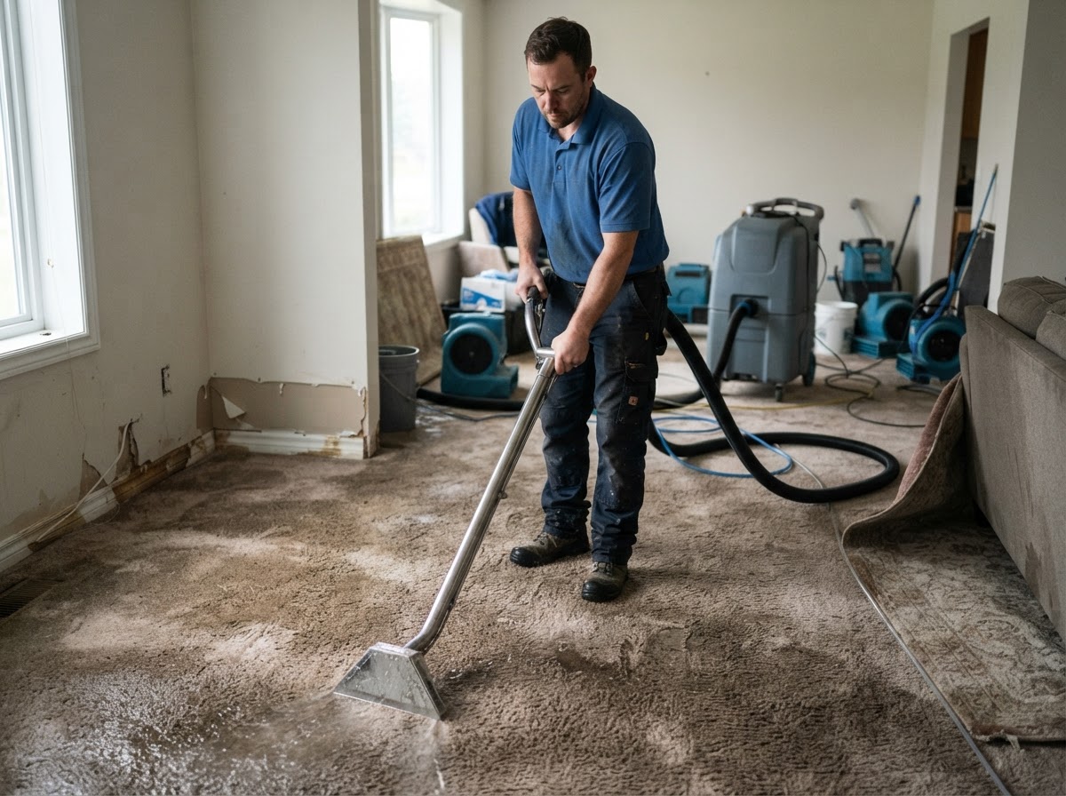 Restoration technician standing upright extracting water from a soaked carpet with an extraction wand