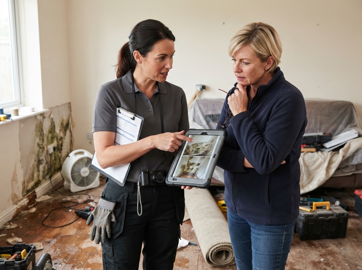 Restoration professional reviewing damage documentation with a homeowner