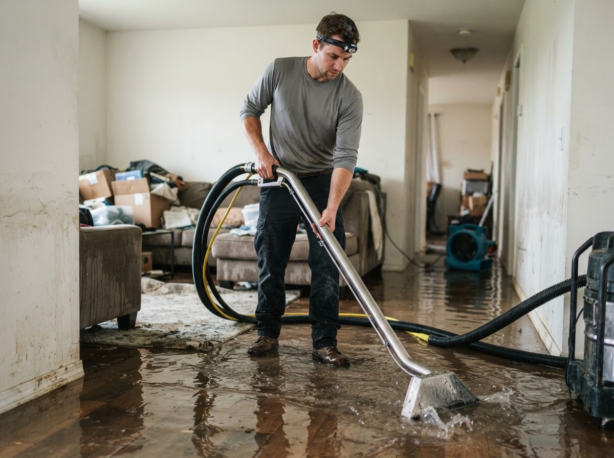 Restoration technician standing upright extracting standing water from a flooded home interior