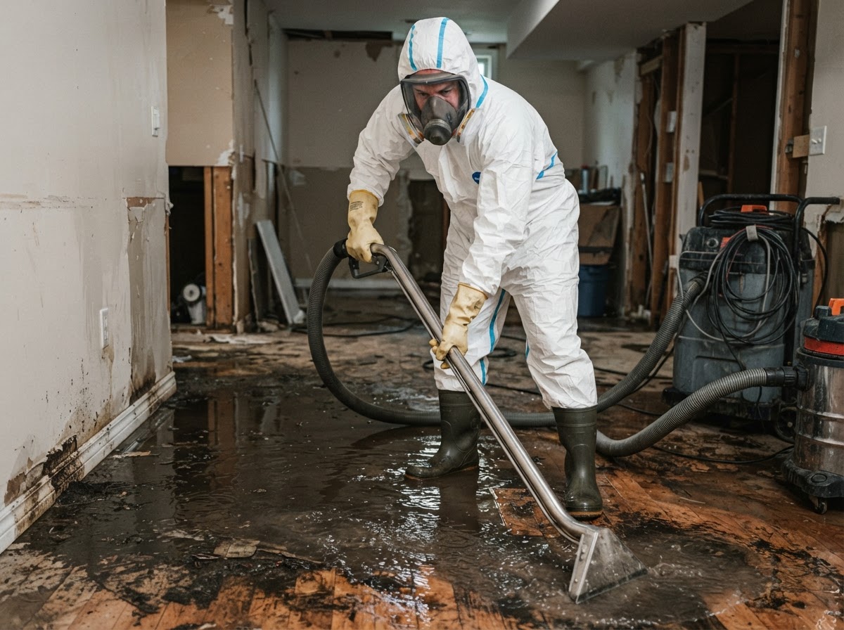 Sewage cleanup technician in full PPE extracting contaminated wastewater from a damaged floor