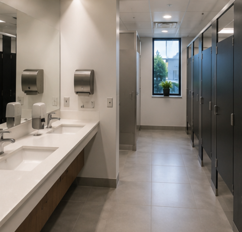 Espace sanitaire propre et désinfecté — entretien commercial