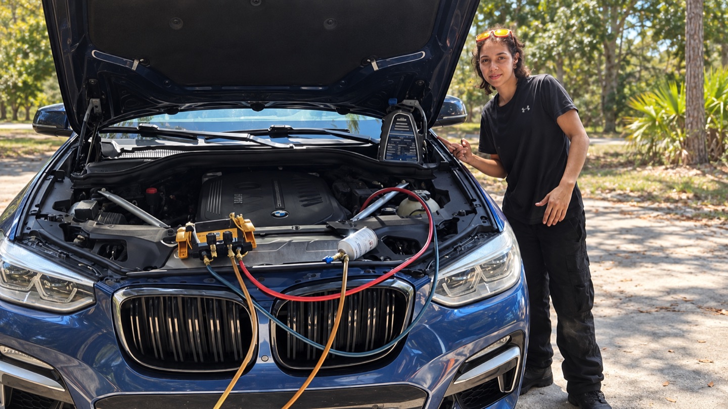 Auto A/C service equipment connected to a BMW at Danny Auto Repair in Hudson, Florida.