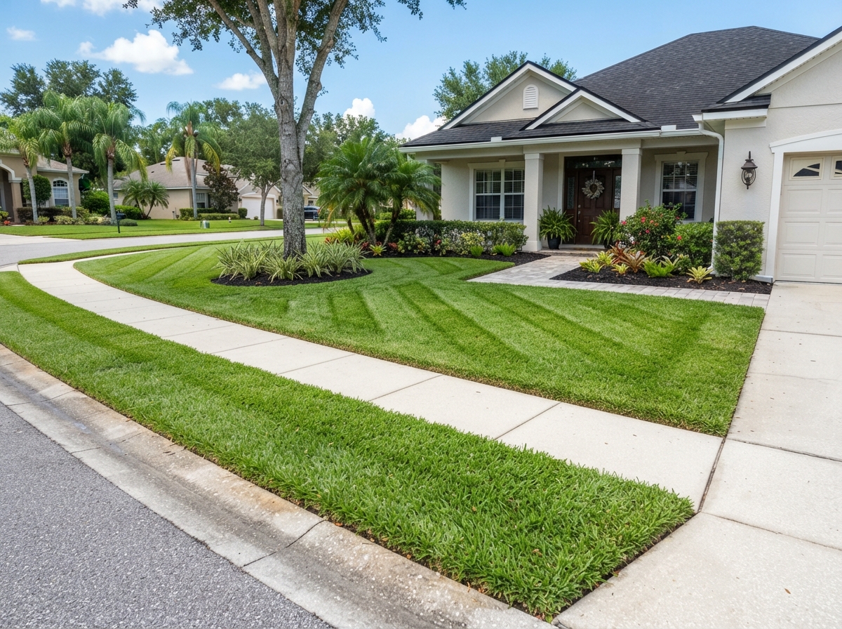 Freshly mowed residential lawn with clean professional cut lines