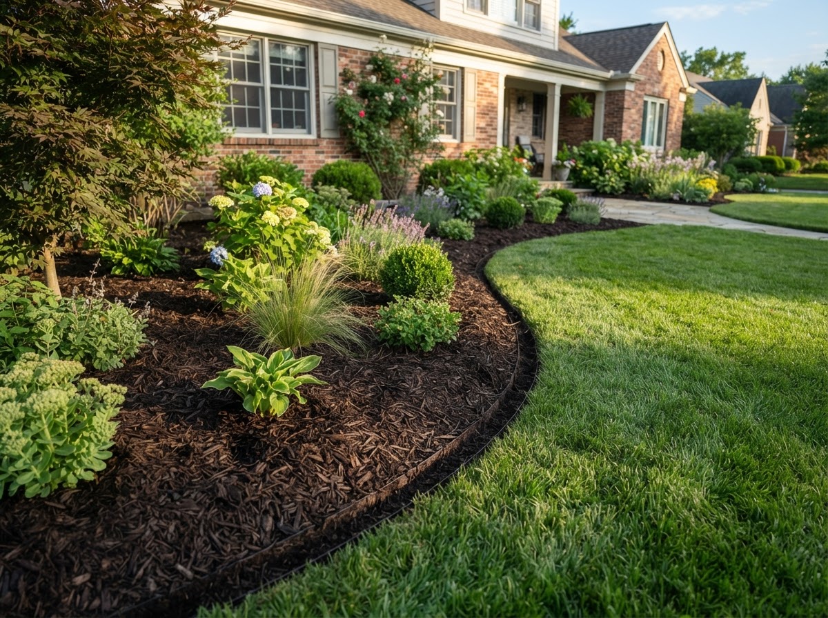 Freshly installed dark brown mulch in a clean landscape bed with crisp edges