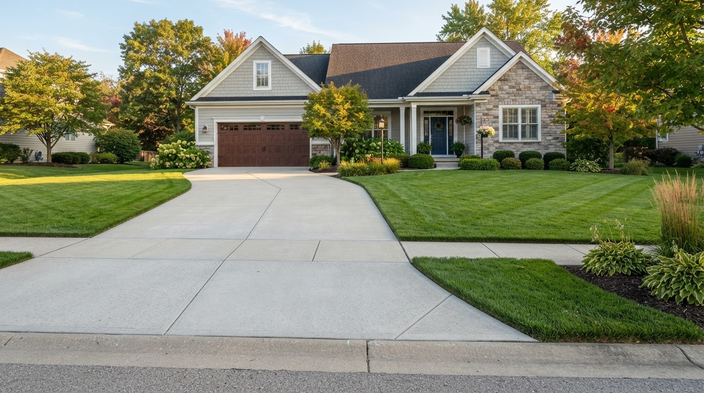 Clean driveway and sidewalk after a professional yard cleanup and blowing