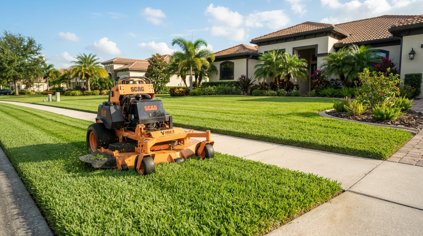 Lawn mower on a neatly manicured residential lawn with crisp edging lines