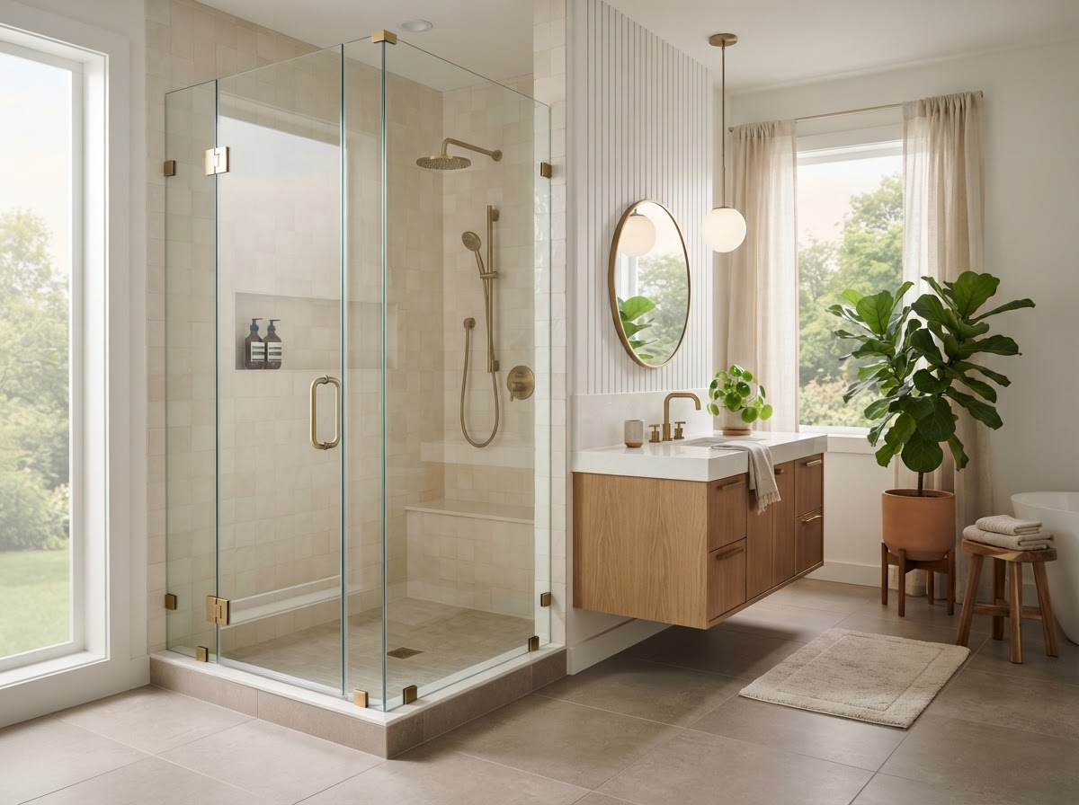Frameless glass shower corner enclosure with brushed brass hardware and oak vanity