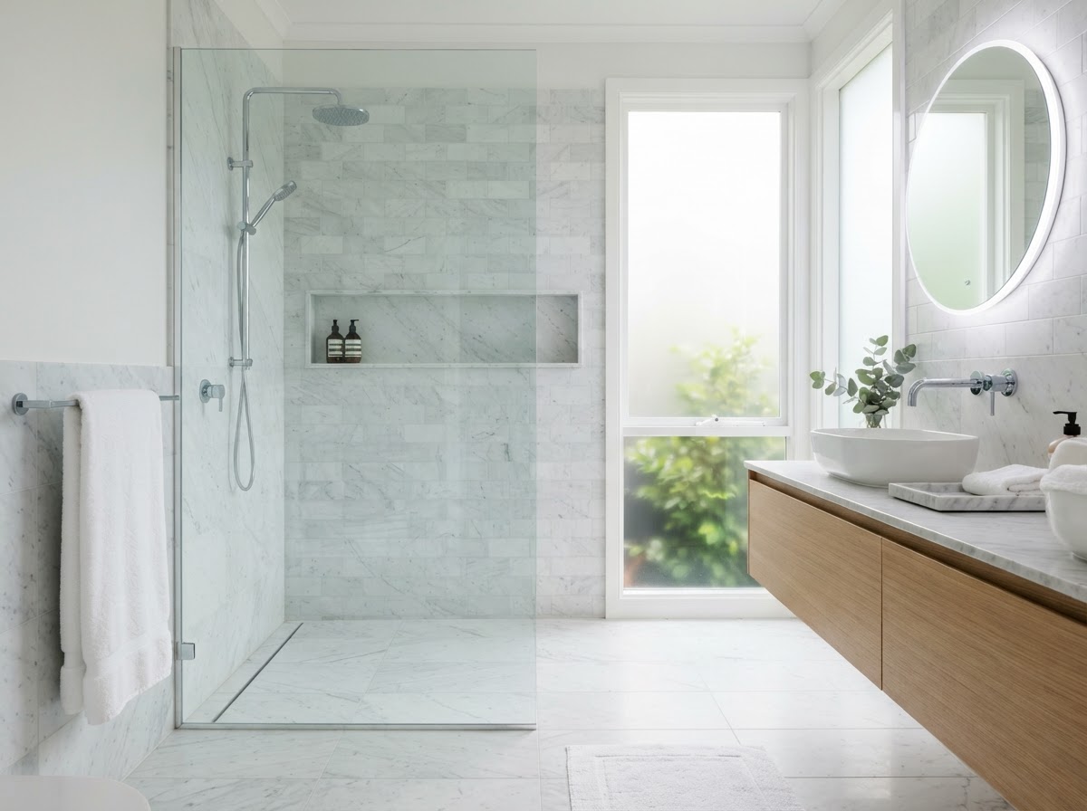 Fixed glass shower splash panel in a modern bathroom