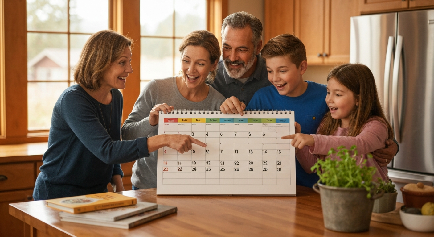 A family planning a schedule together at a kitchen island