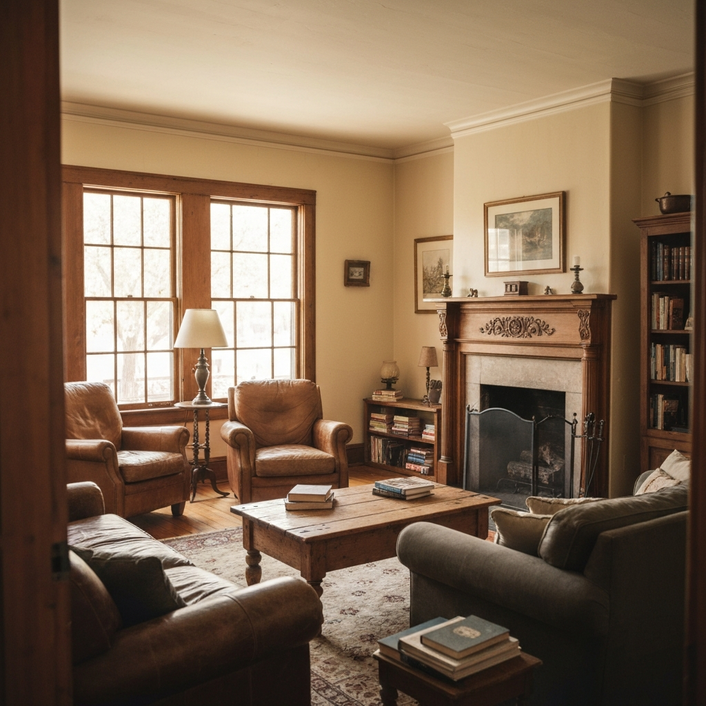 A warm, authentic photo of a well-maintained but older living room in a Colorado home, showing character and history