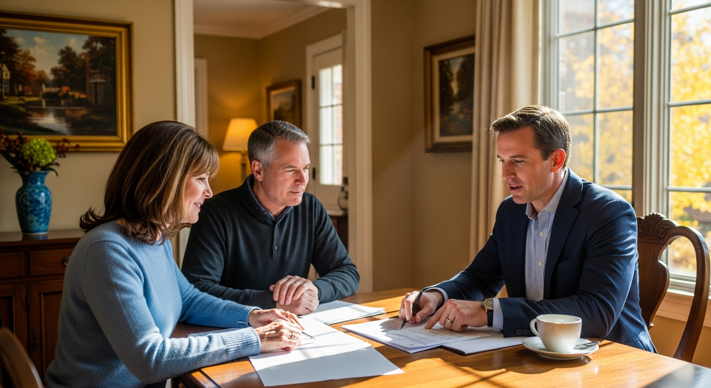 Mature couple reviewing documents together in a comfortable living room