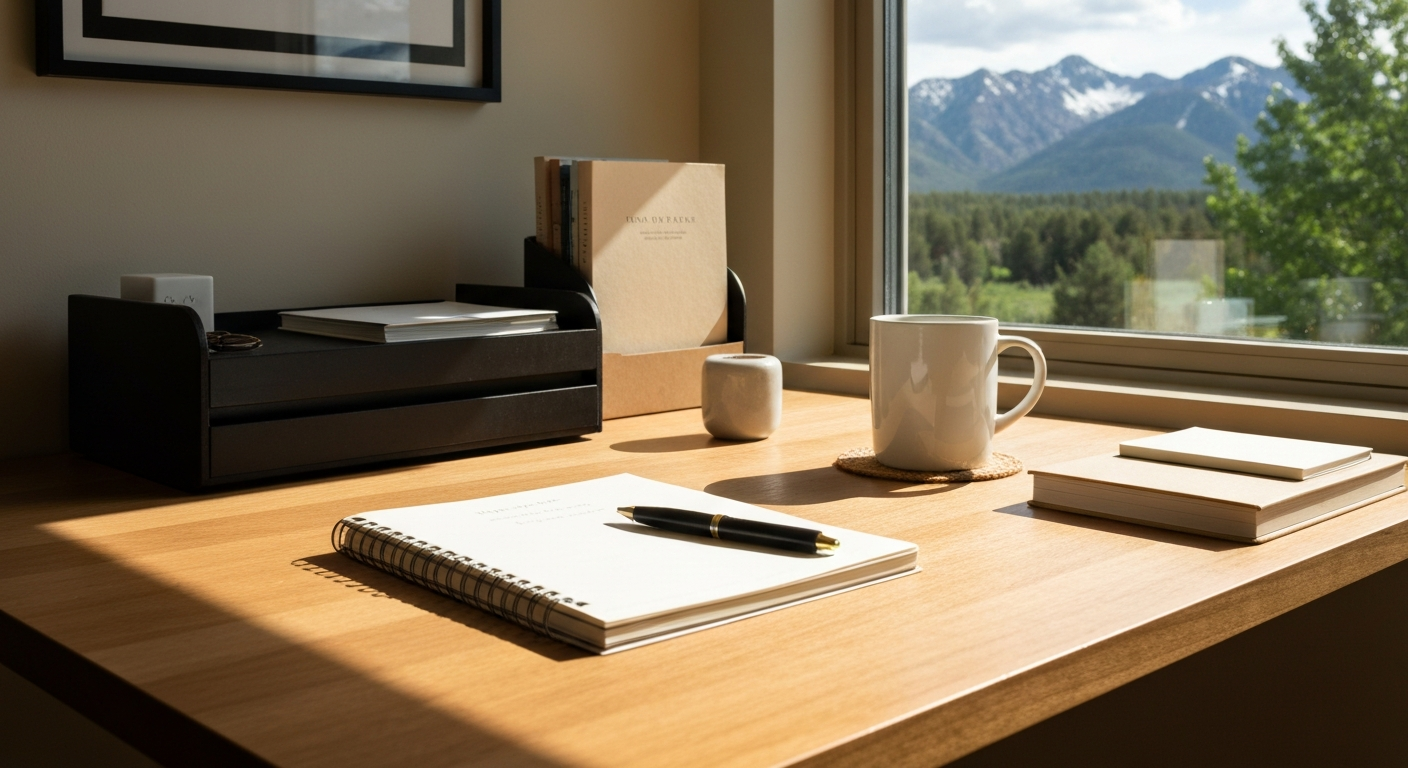 A warm, organized home office desk with a planning notebook and coffee, conveying calm preparation