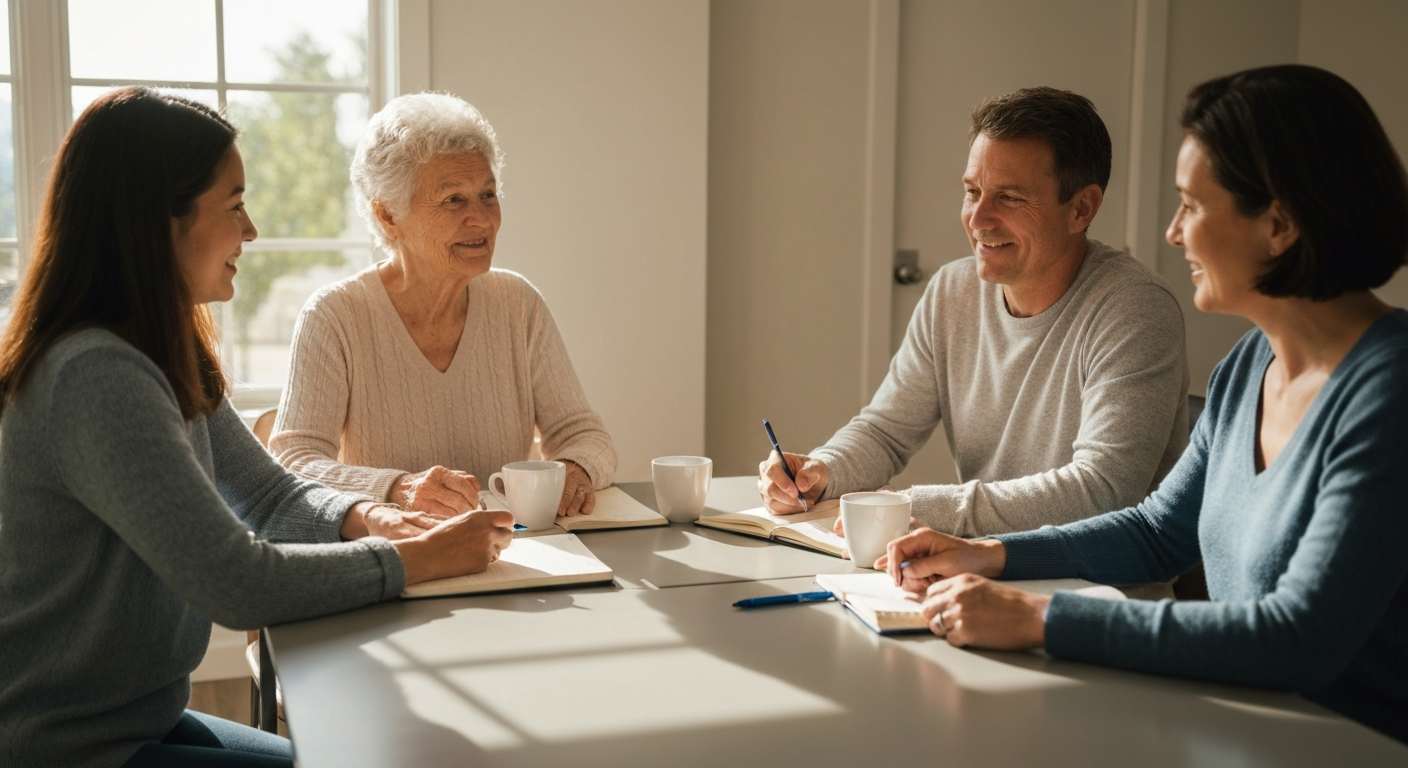 A senior homeowner and adult children sitting together around a dining table, having a positive and collaborative conversation