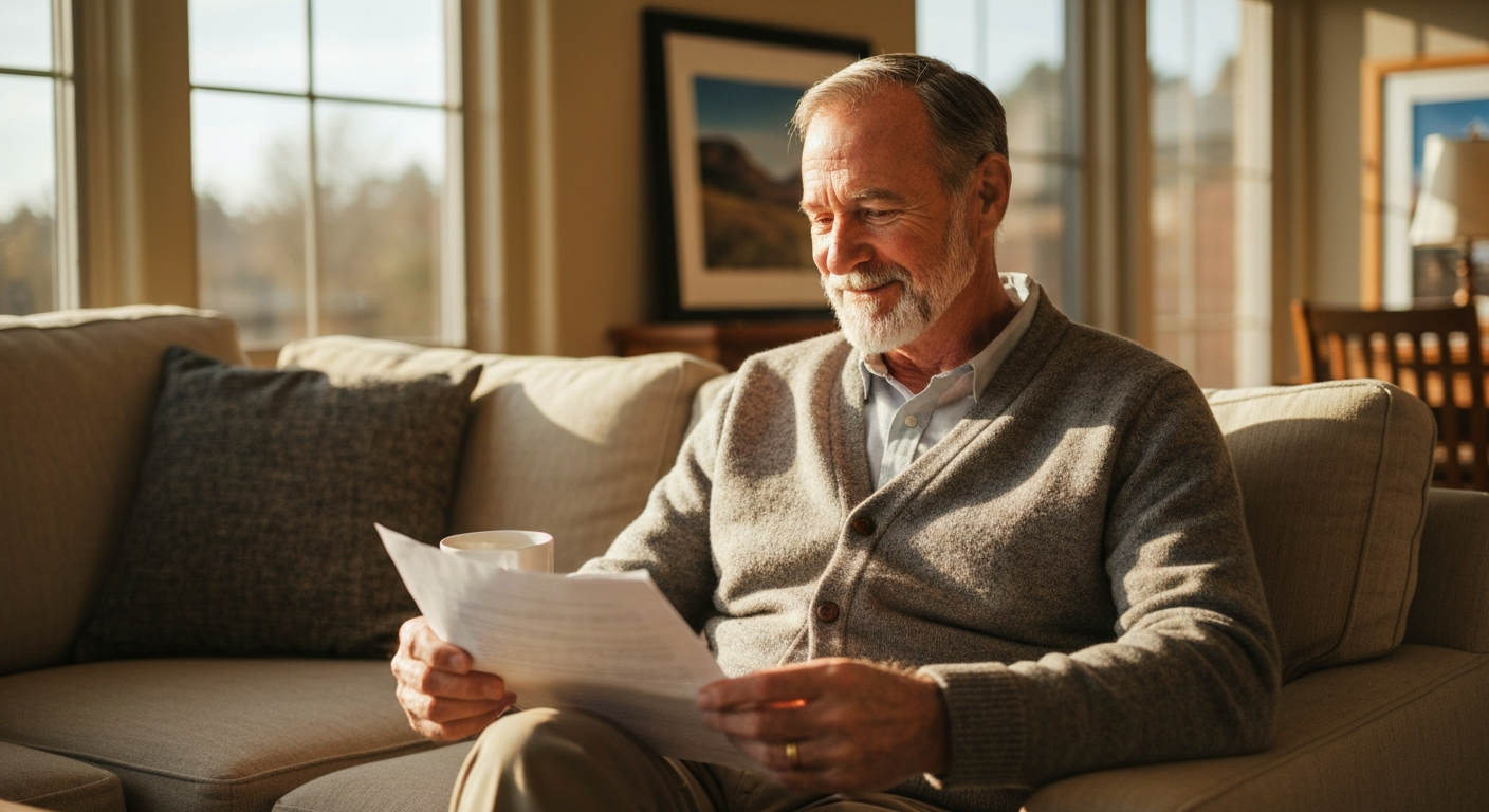 A senior homeowner sitting comfortably in a bright Colorado living room, casually reviewing paperwork