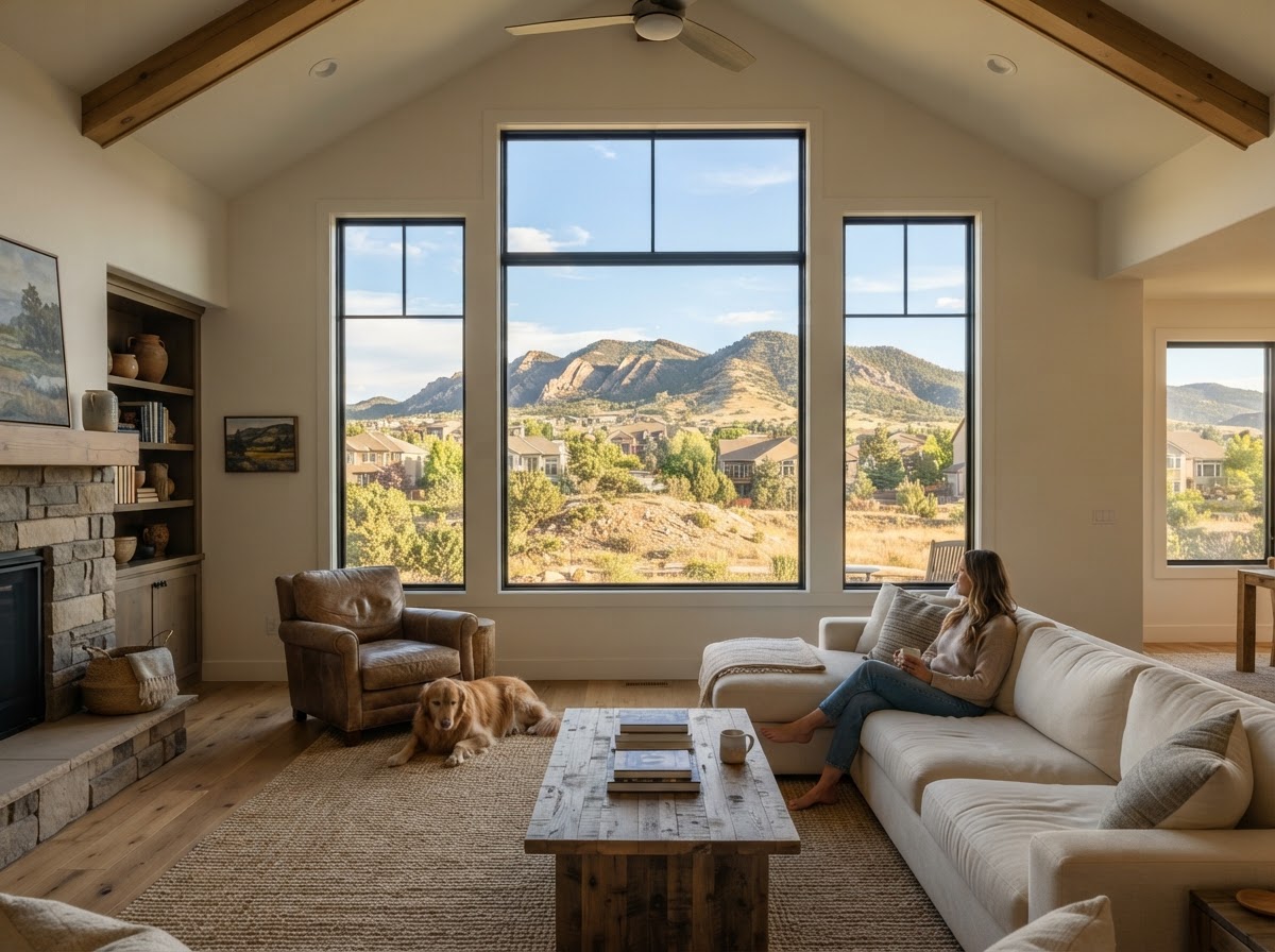 Living room with a mountain view