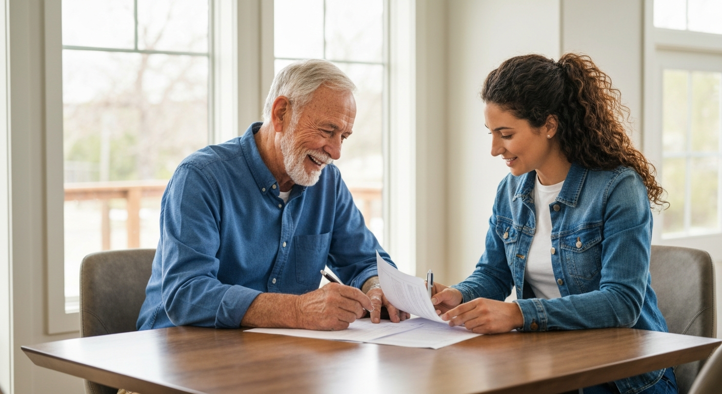An adult daughter and her senior father sitting at a dining table reviewing paperwork together in a bright Colorado home