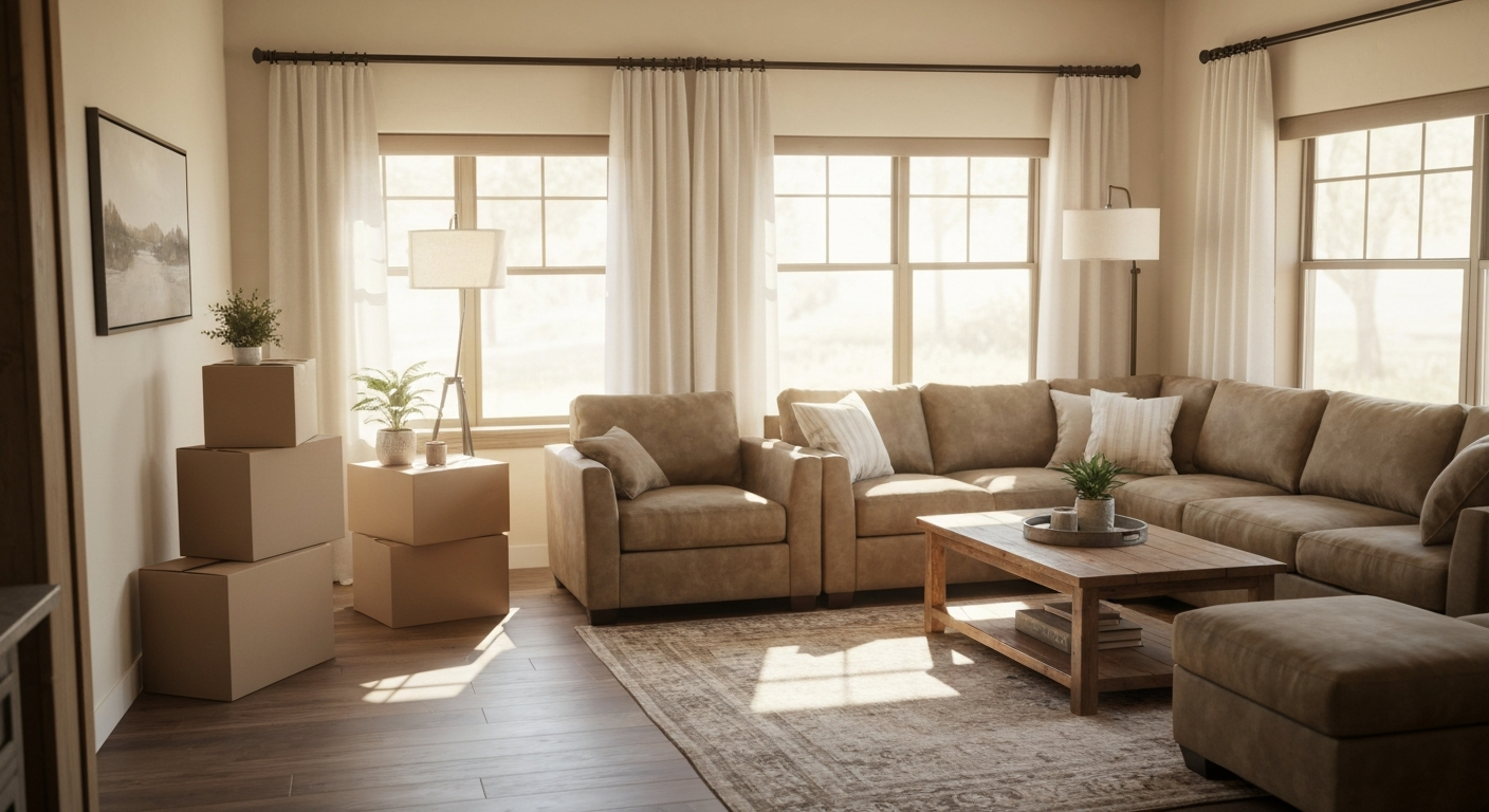 A warm, authentic photo of a well-organized Colorado home living room with moving boxes neatly stacked, conveying a manageable transition
