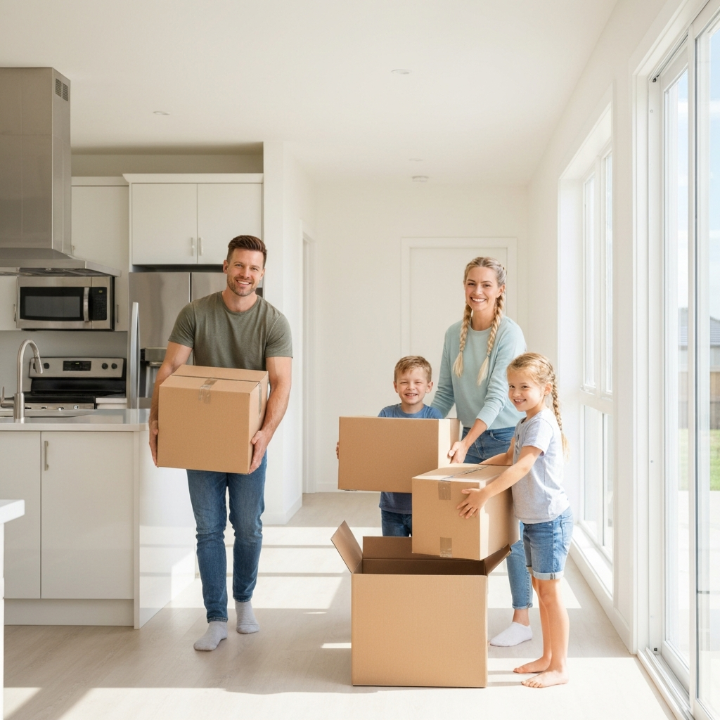 Happy family moving into a new home