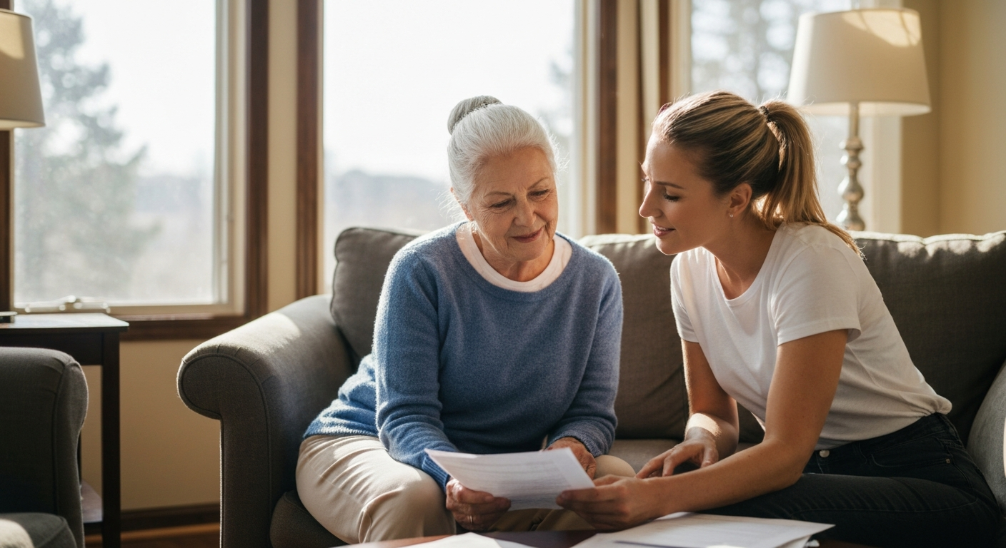 Adult daughter and senior mother sitting together in a sunlit living room, having a calm and supportive conversation