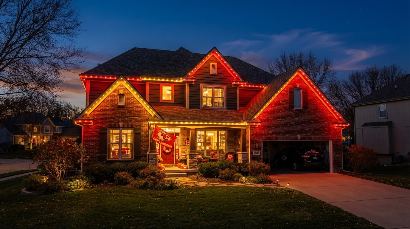 Kansas City home lit in red and gold Chiefs team colors