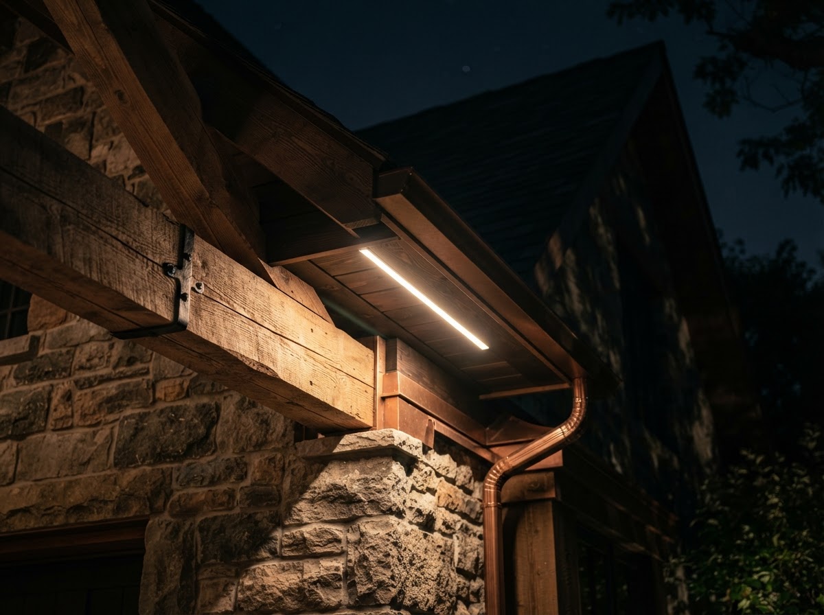 Ember LED strip installed flush inside a home's soffit