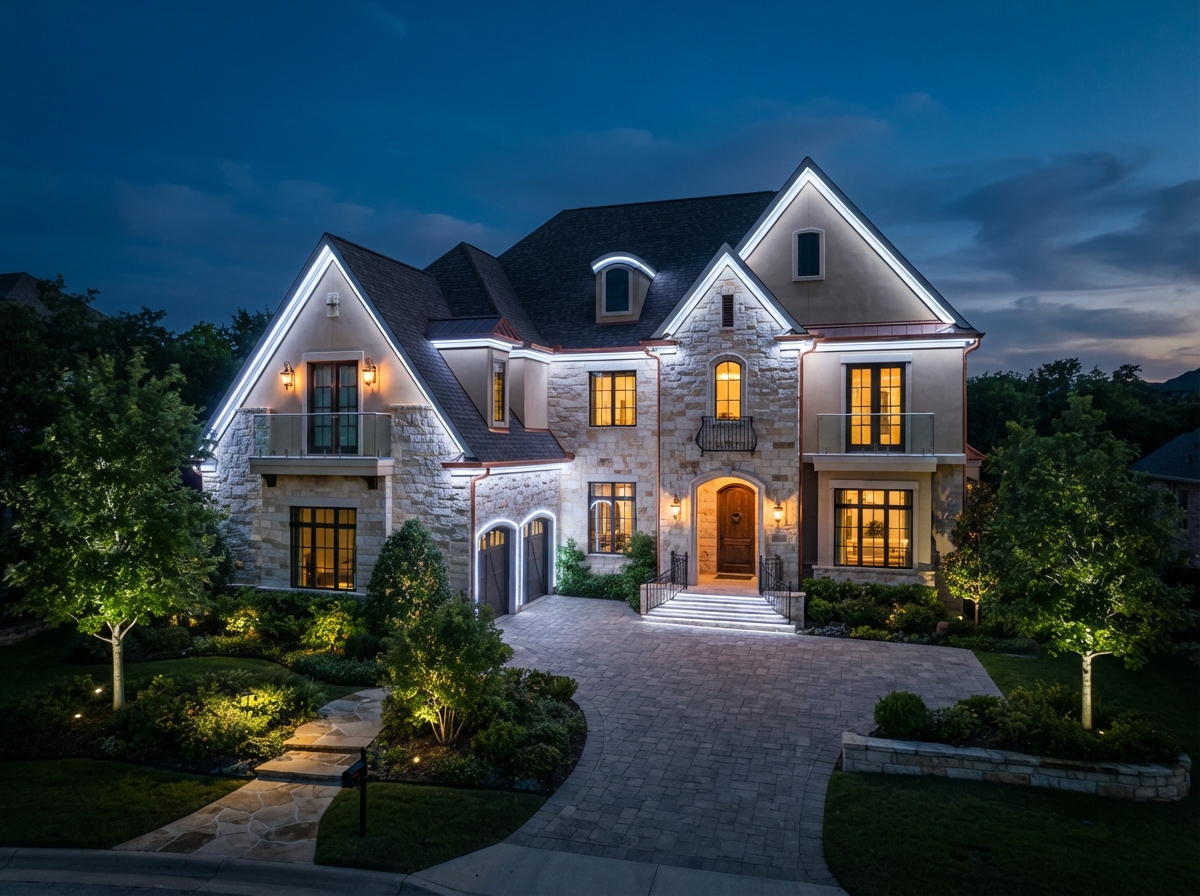 Stone and stucco home outlined in cool white Ember LEDs at dusk